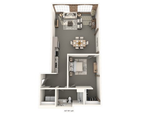 A 3D rendered image of a small apartment layout.